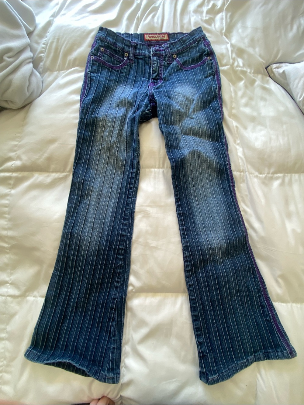 Y2K Vanilla Star Dark Blue Pinstripe Wide Leg Jeans with Purple Stitching